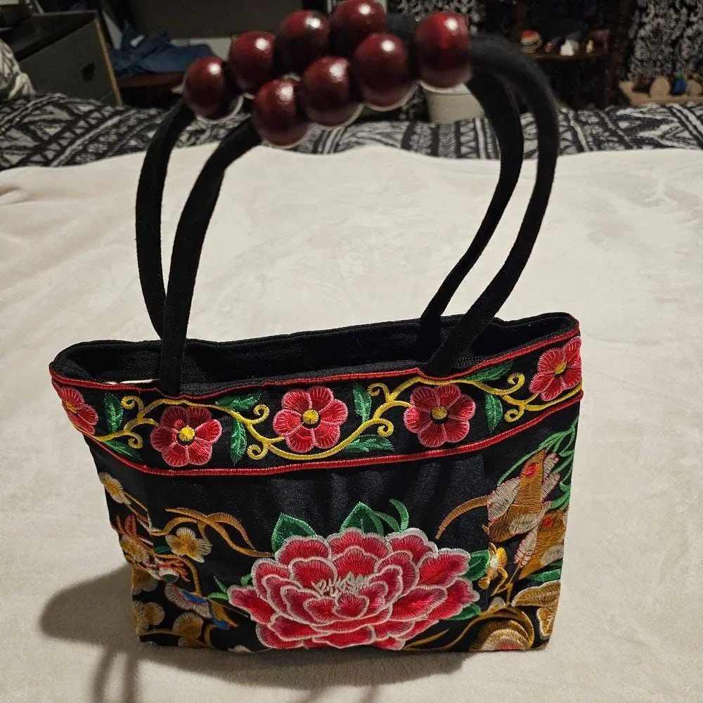 Vintage Embroidered Floral Handbag - Black Satin Tote with Wood Bead Handles